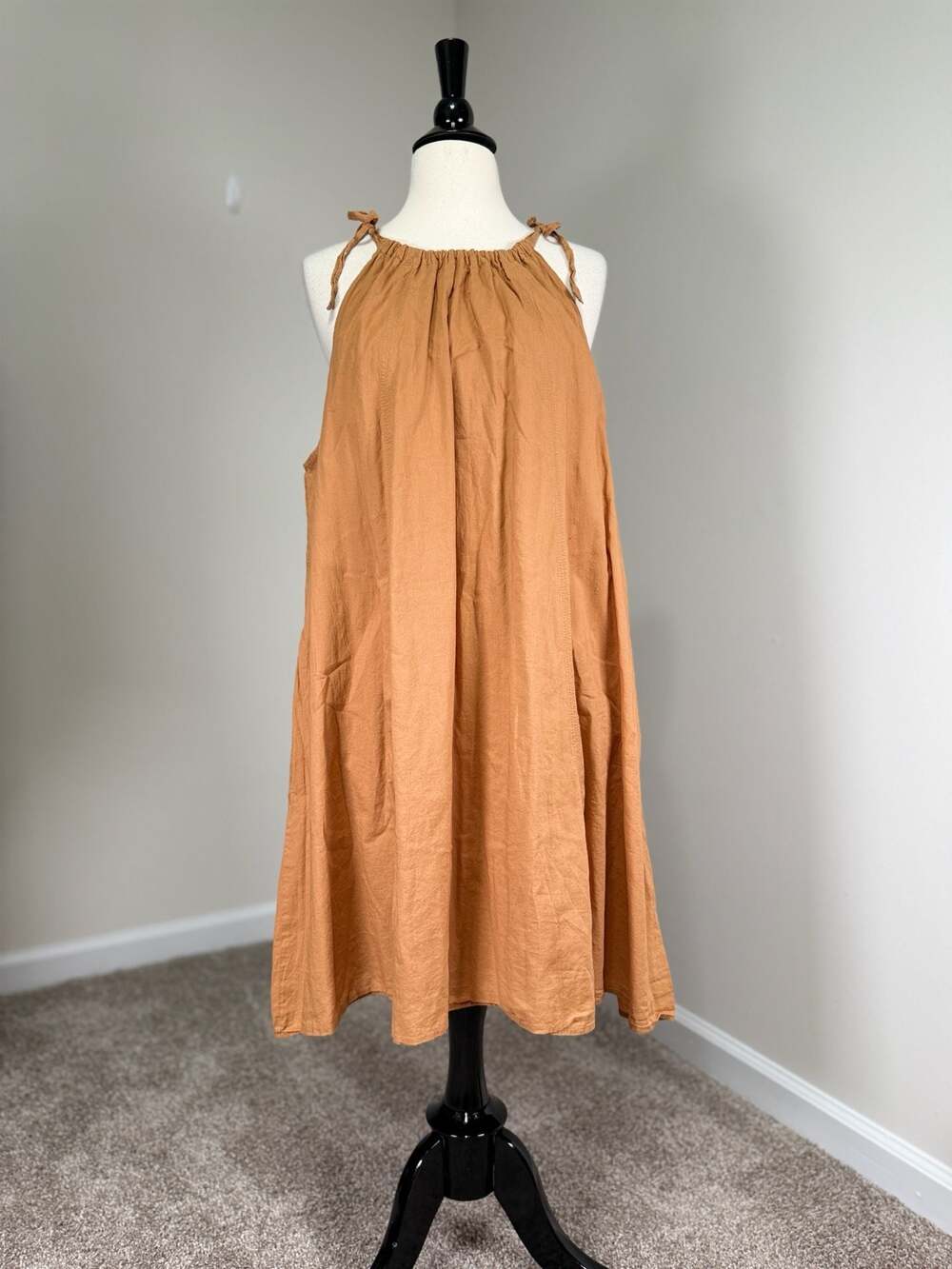 H&M Women's Brown Halter Neck Cotton Dress Minimalist Lagenlook Fall Flowy Sz M